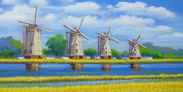 竹内敏彦 絵画 油絵 肉筆油絵 風景画 オランダ 水車 送料無料