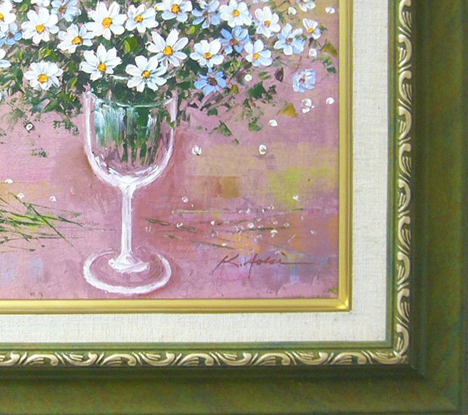 絵画 油絵 青木今陽 静物画 マーガレットの花に花瓶 送料無料
