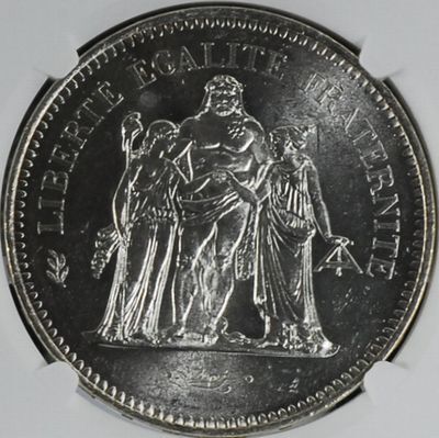 【希少：流通型MS63】1975年 フランス 銀貨 50フラン NGC MS63 アンティークコイン の画像1