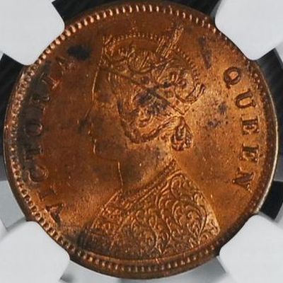 【希少：流通型MS63】1862年 英領インド 銅貨　1/4アンナ MS63_画像1