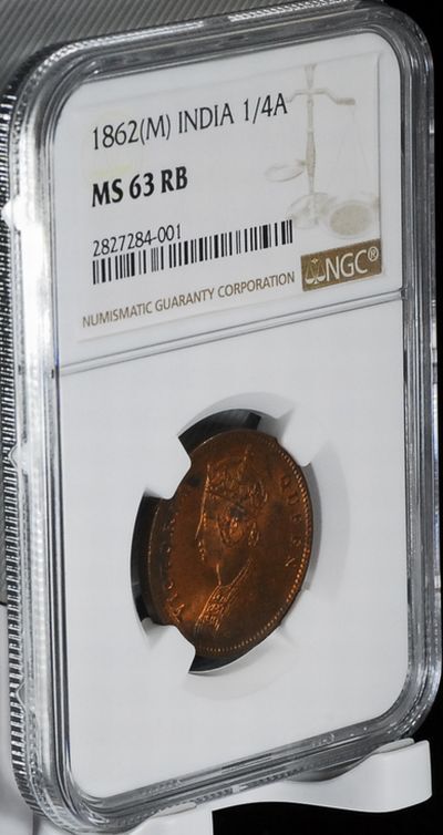 【希少：流通型MS63】1862年 英領インド 銅貨 1/4アンナ MS63の画像7