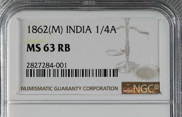 【希少：流通型MS63】1862年 英領インド 銅貨 1/4アンナ MS63の画像3