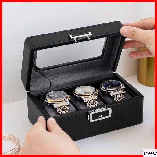 Anyasun ブラック F:1段式・3本 鍵付き レザー製クッション 腕時計収納ボックス 6本 腕時計ケース 293