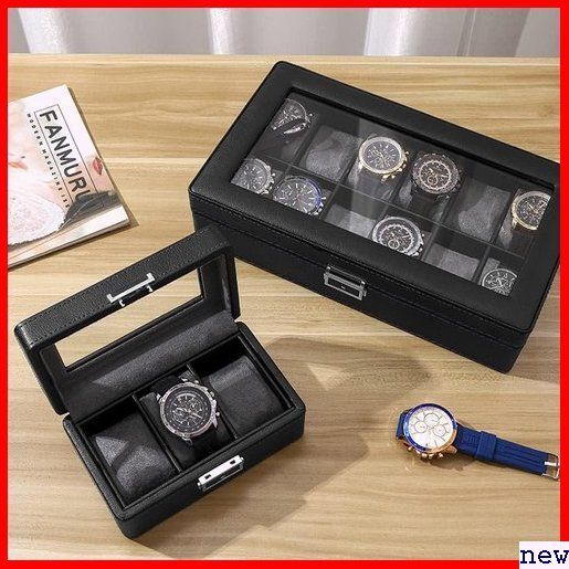 Anyasun ブラック F:1段式・3本 鍵付き レザー製クッション 腕時計収納ボックス 6本 腕時計ケース 293