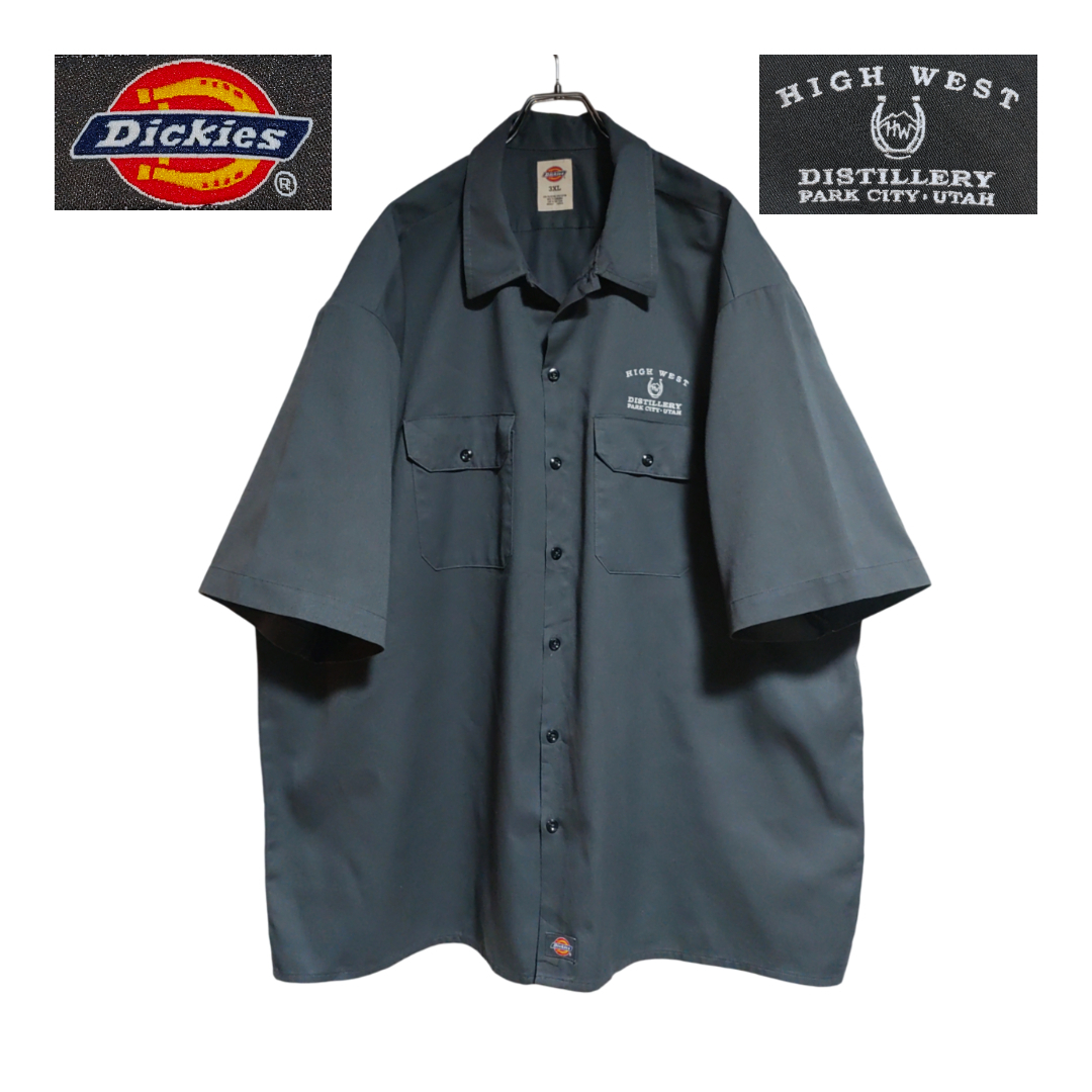 Dickies 半袖ワークシャツ 3XL オーバーサイズ ダークグレー 裾タグ ゆうパケットポスト 胸 ロゴ 刺繍 DISTILLERY 古着 洗濯 プレス済 e40の画像1