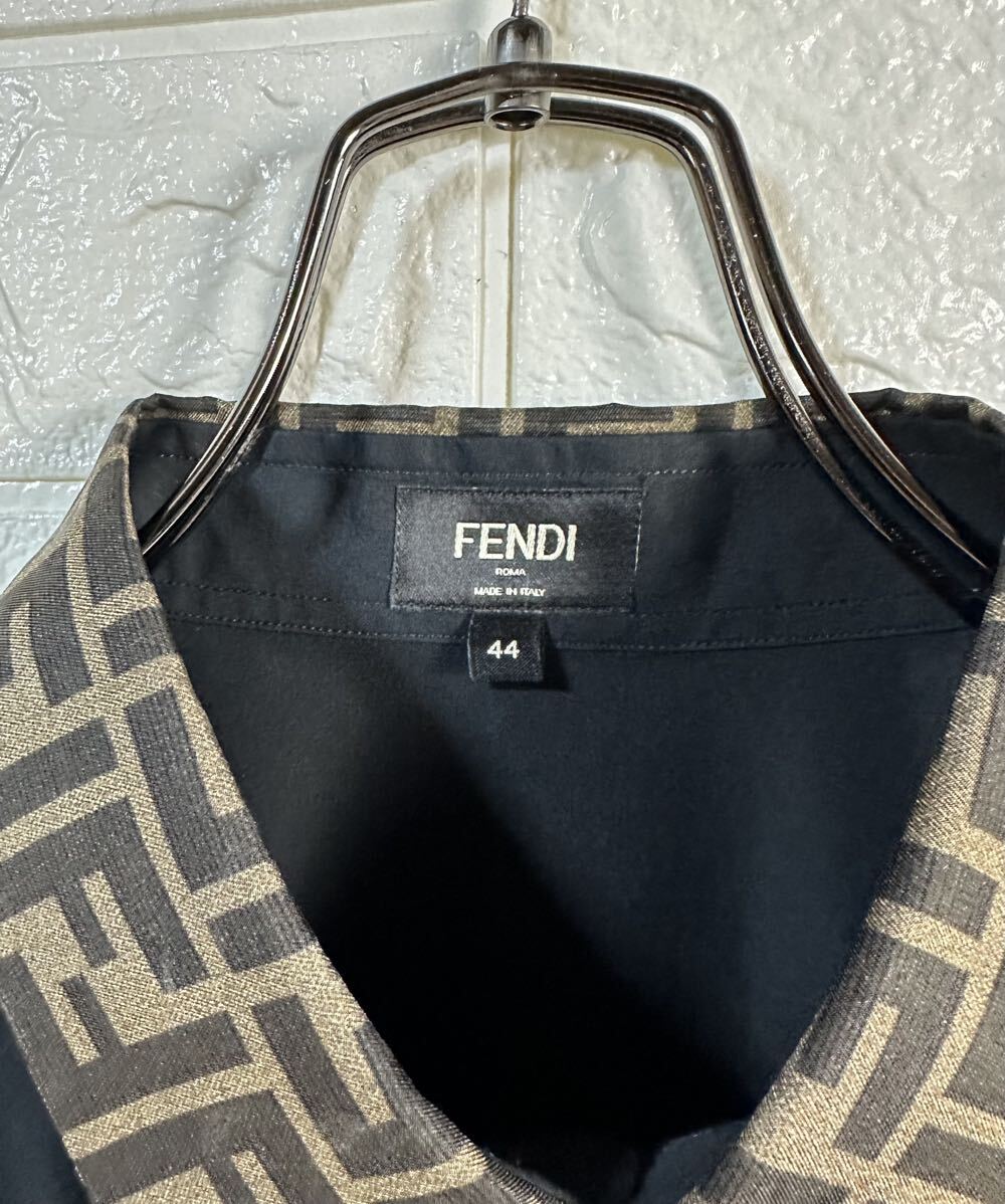 FENDI フェンディ 襟 切り替え シルク ズッカ柄 長袖 コットン シャツ 黒ブラック 44サイズ イタリア製 即完売品の画像5