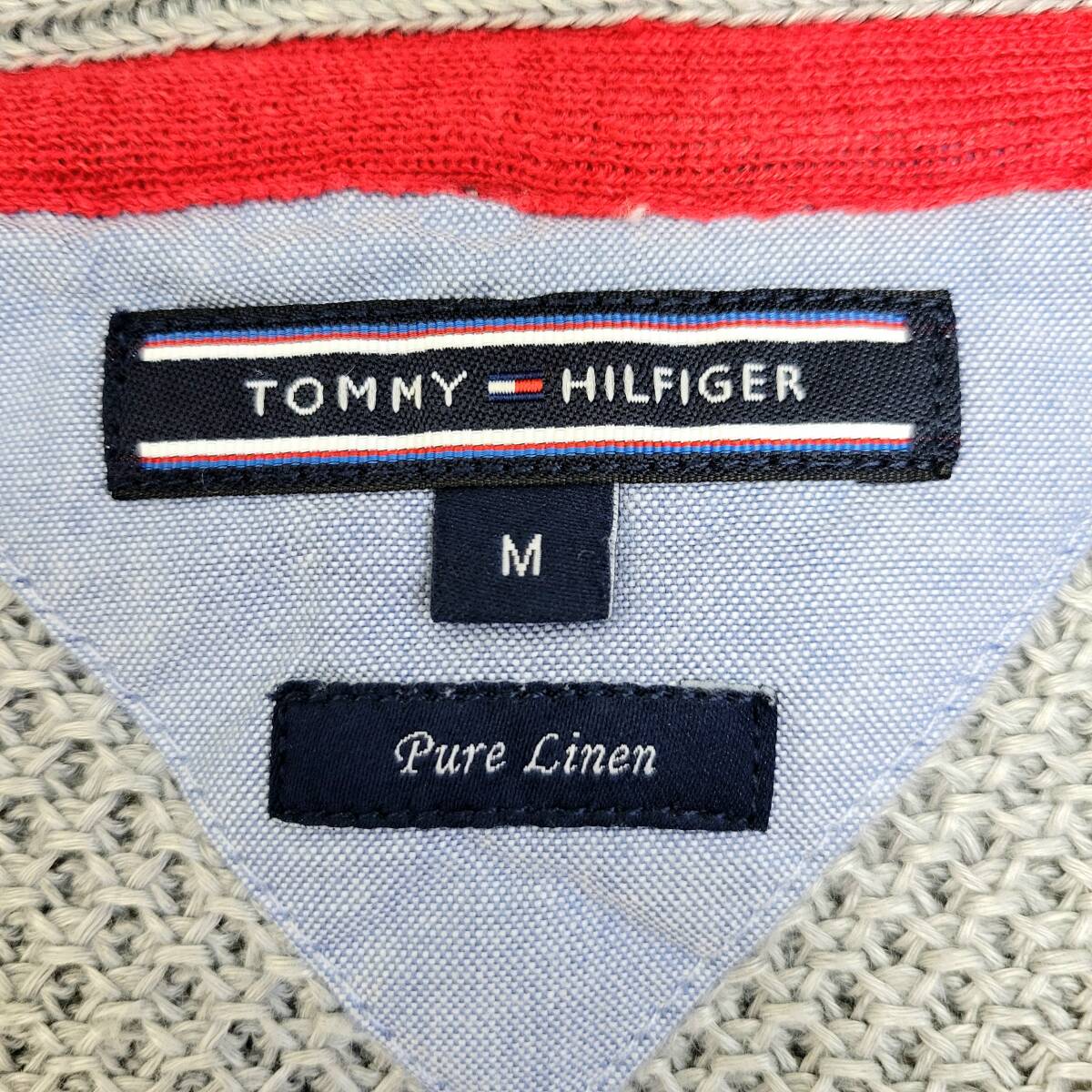 トミーヒルフィガー TOMMY HILFIGER リネン 微艶生地 サマーニットジャケット ハイストレッチ 鹿の子編み 刻印ボタン ロゴ刺繍 グレー M_画像7