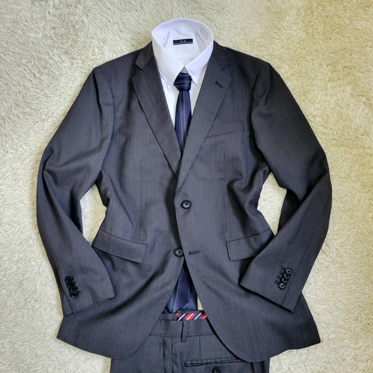 オリヒカ ORIHICA スーツ セットアップ テーラードジャケット サマーウール 微伸縮 花柄×マルチストライプ ダークグレー×裏ネイビー L_画像3