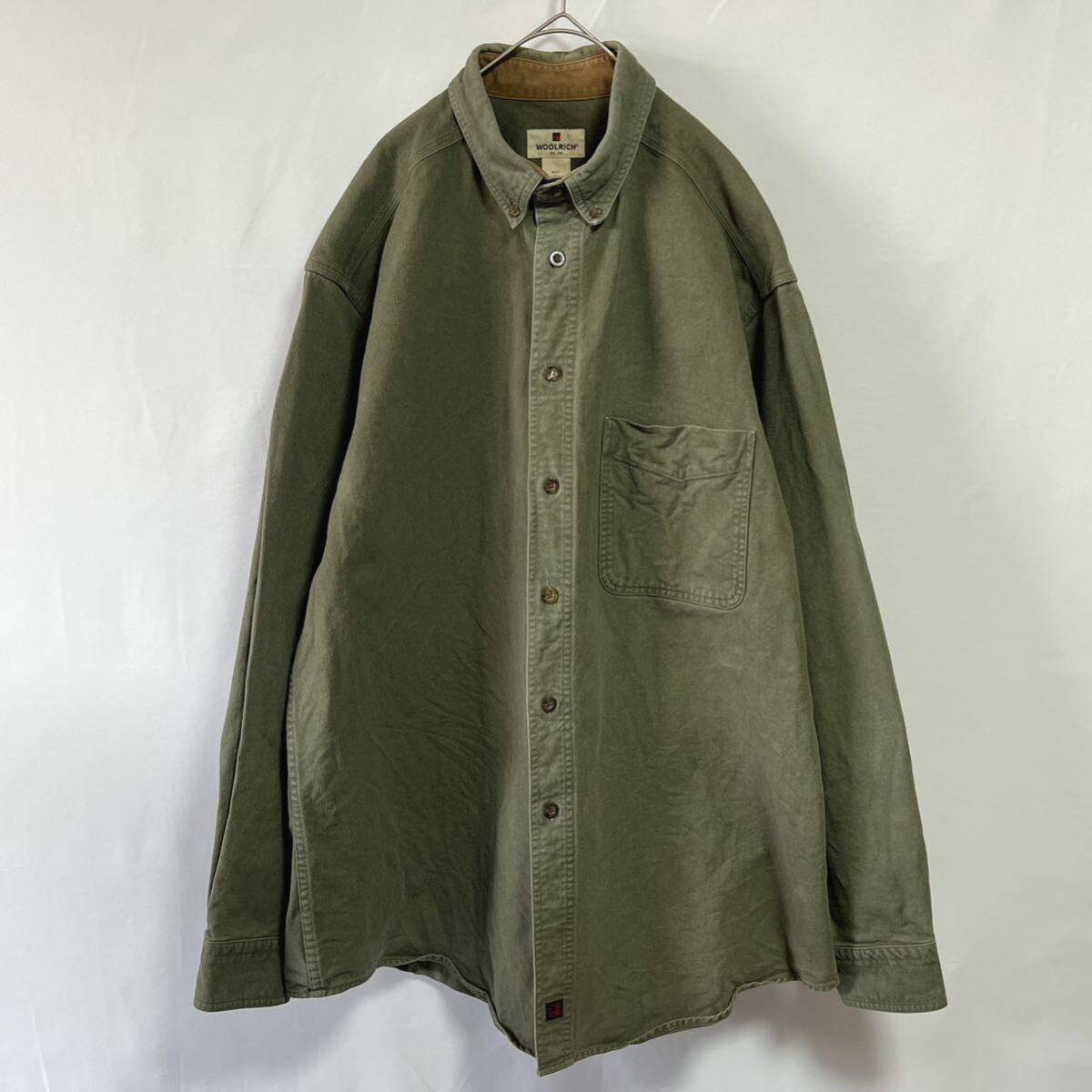 WOOLRICH ウールリッチ ボタンダウン 長袖シャツ ロゴ エルボーパッチ 肉厚生地 コットンツイル サイズXL ゆったり ビッグシルエットの画像1