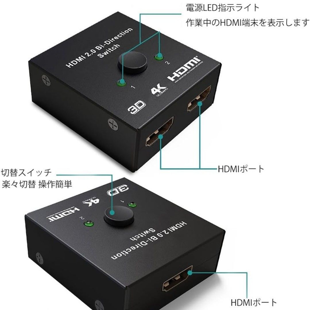 HDMI スプリッター HDMI 2.0 HDMI切替器 2in1 双方向セレクター 分配器 1入力2出力 