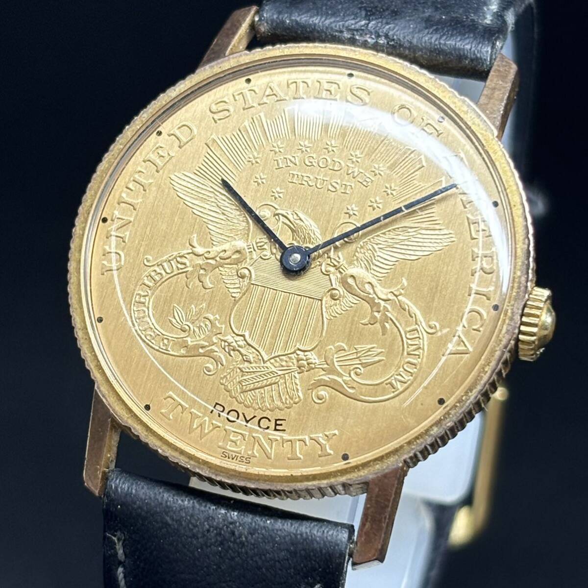 24C011 ロイス ROYCE コインウォッチ 11-239A 手巻き HW ゴールド文字盤 33ミリ レザーベルト メンズ腕時計 1円～ の画像1