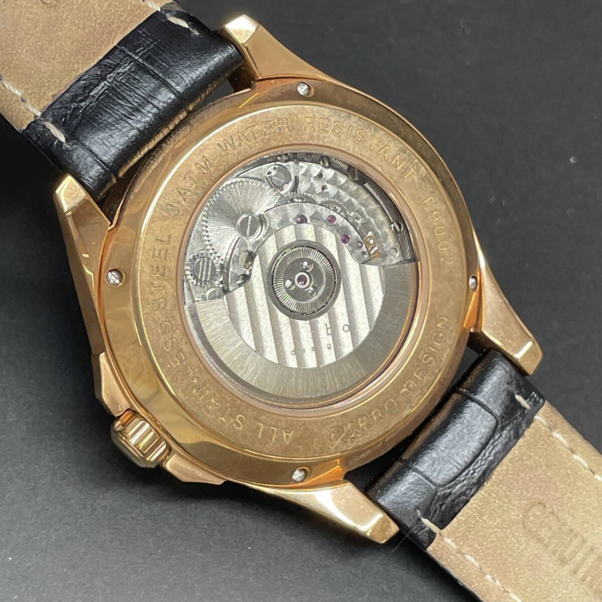 24C082 fulvic design Furbodesign F9002 self-winding watch AT AT reverse side ske leather leather belt men's wristwatch black face 1 jpy ~