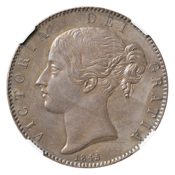 イギリス ヴィクトリア クラウン銀貨 1845 ヤングヘッド NGC AU58の画像1