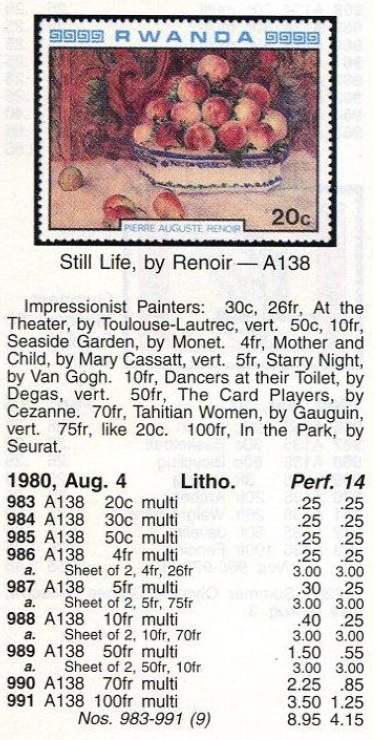 （ルワンダ）1980年印象派絵画小型シート、スコット評価3ドル（海外より発送、説明欄参照）の画像2