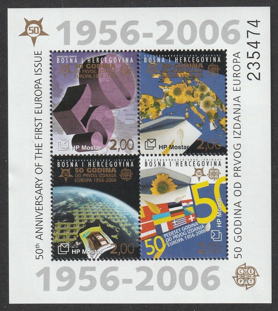 （ボスニア・ヘルツェゴビナ）2006年ヨーロッパ切手50周年小型シート、スコット評価15ドル（海外より発送、説明欄参照）の画像1