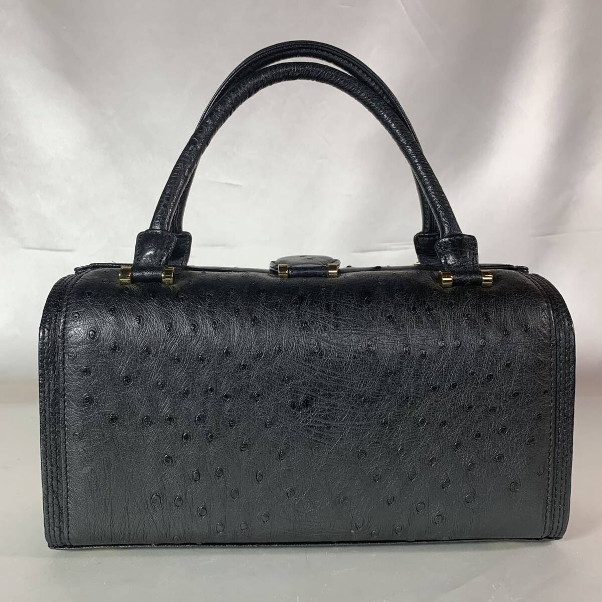 1 иен старт прекрасный товар Ostrich ручная сумочка box type формальный экзотический кожа черный чёрный Mini Boston 