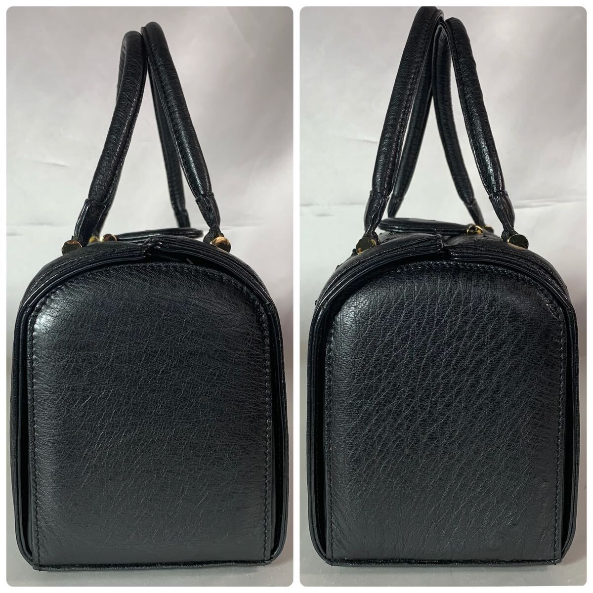 1 иен старт прекрасный товар Ostrich ручная сумочка box type формальный экзотический кожа черный чёрный Mini Boston 
