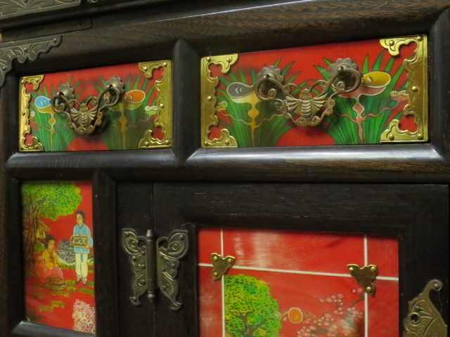 李朝 真鍮金具 4杯抽斗 華角張工藝 人物動植物文様図 二層箪笥 モリジャン キャビネット 飾り棚 箪笥 朝鮮棚 書棚 書庫 茶棚 韓国伝統工芸