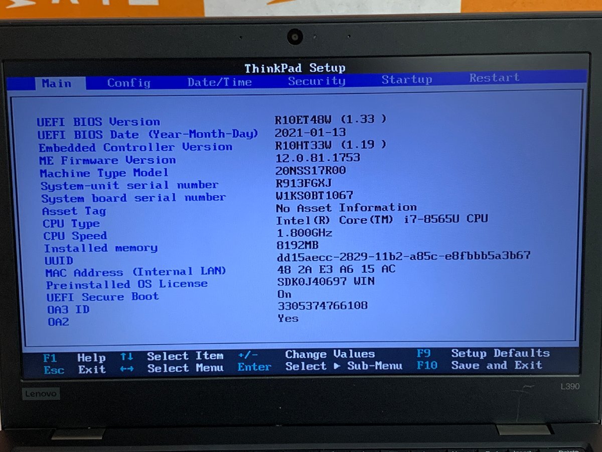 【ハード王】1円～/ノート/Lenovo ThinkPad L390 R913FGXJ/Corei7-8565U/8GB/ストレージ無/10214-D22_画像2