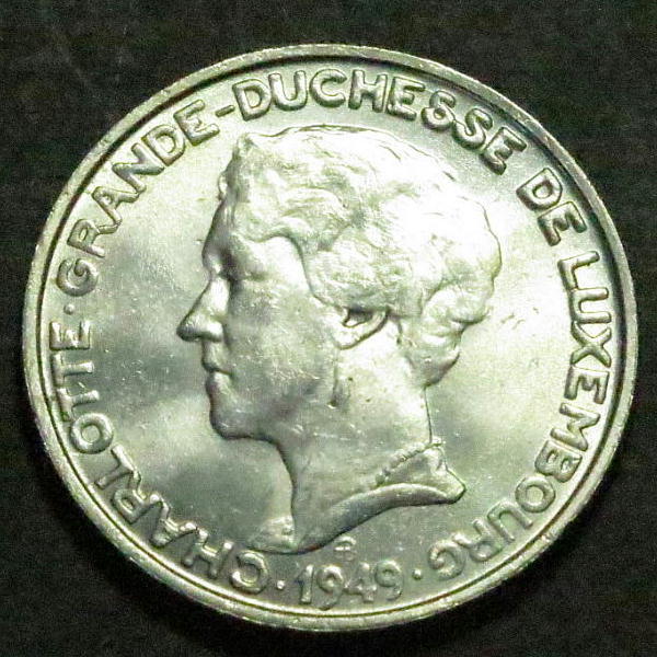ルクセンブルク 1949年 大公妃シャルロット 5フラン硬貨 g4319の画像2