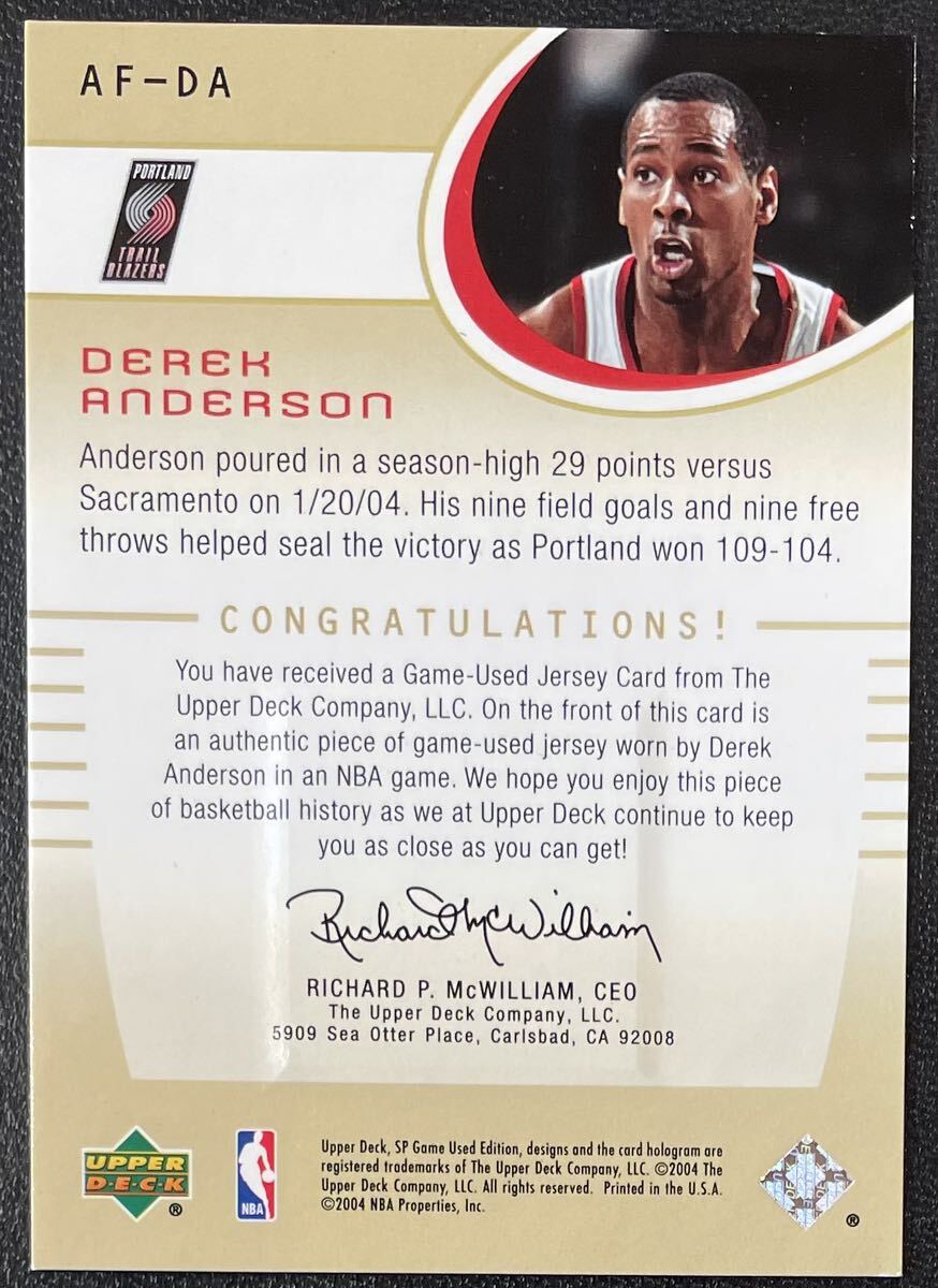 Derek Anderson 2004-05 SP Game Used Authentic Fabrics Game Used Jersey Blazers Upper Deck NBAの画像2
