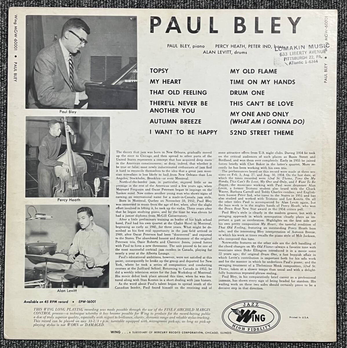 【オリジナル/極美品】『 Paul Bley 』 Percy Heath Peter Ind Alan Levitt ポール・ブレイ パーシー・ヒース _画像2