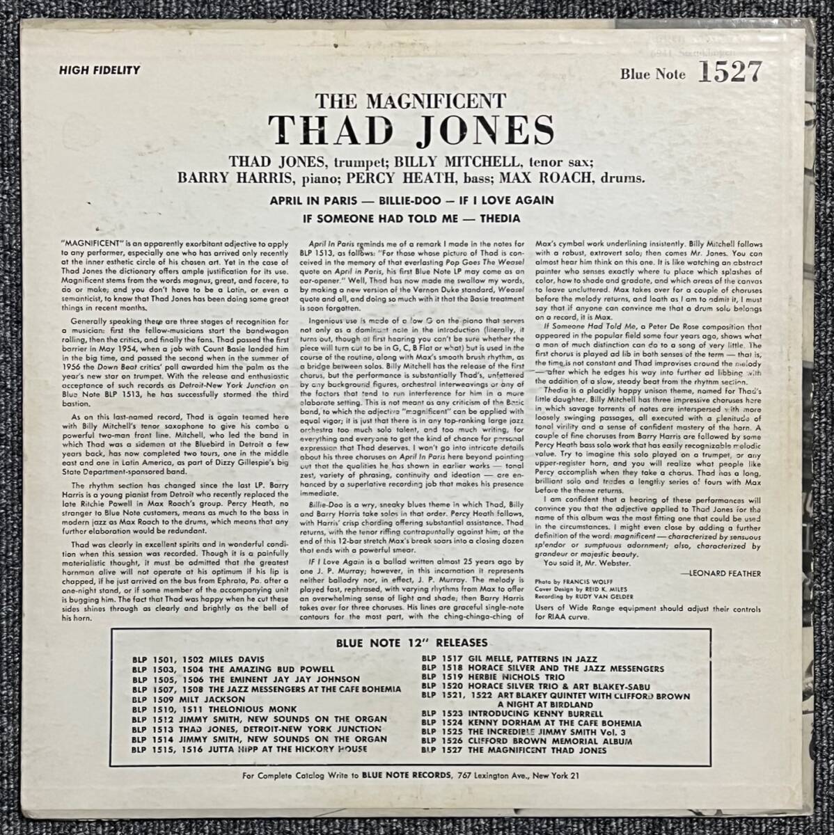 【オリジナル/美品】『 The Magnificent Thad Jones 』Barry Harris Billy Mitchell サド・ジョーンズ バリー・ハリス の画像2
