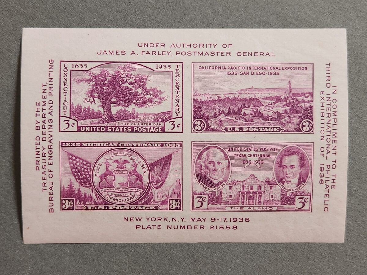アメリカ 1936年 第三回ニューヨーク国際切手展 小型シート 1種完 ヒンジ跡ありの画像1