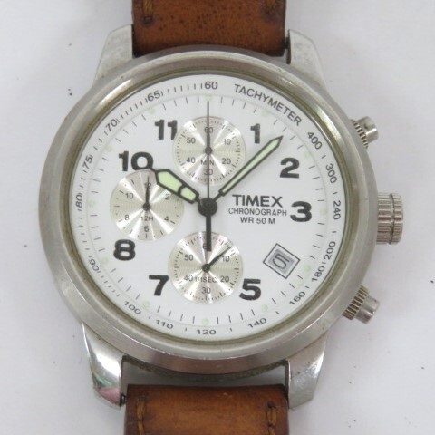 ♪tyom 1324-1 192 稼働品 TIMEX タイメックス SR927WCELL メンズ クオーツ 腕時計 ホワイト文字盤 クロノグラフ 腕周り約18.5㎝_画像1