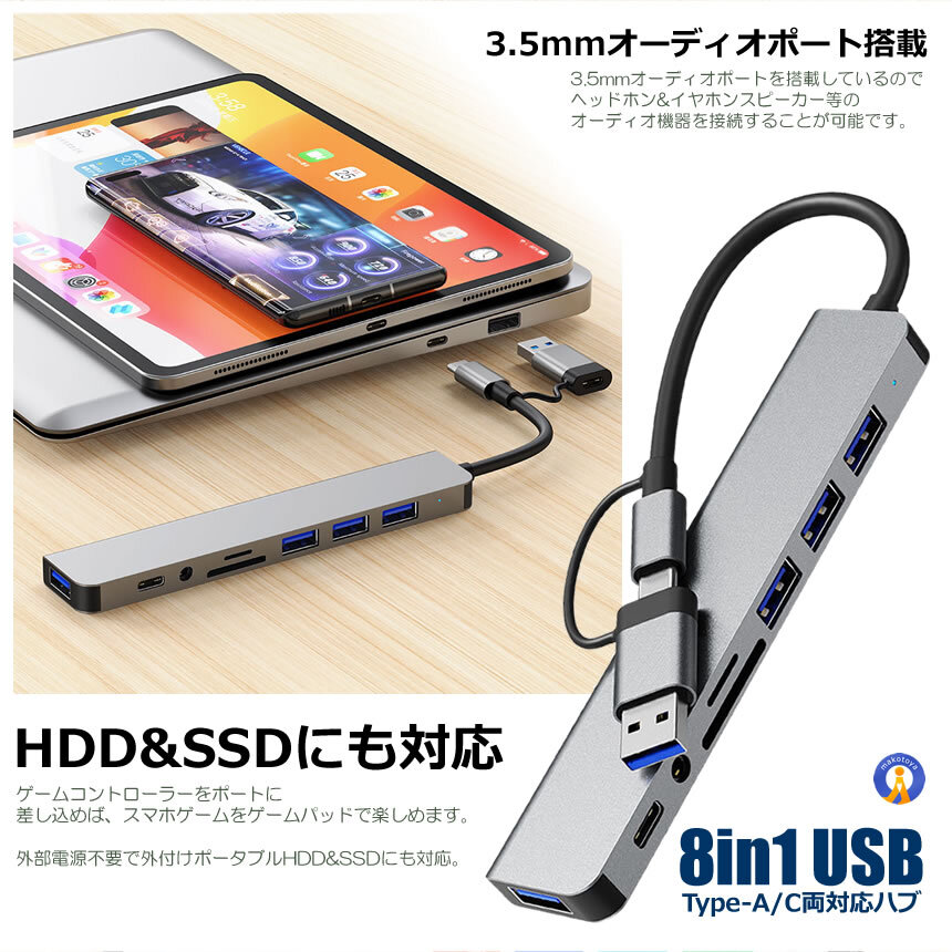 USB Type-C Type-A 変換アダプタ ハブ 両対応 8in1 USB3.0 対応 hub SD/microSDカードリーダー 8IN1HUBSV_画像6