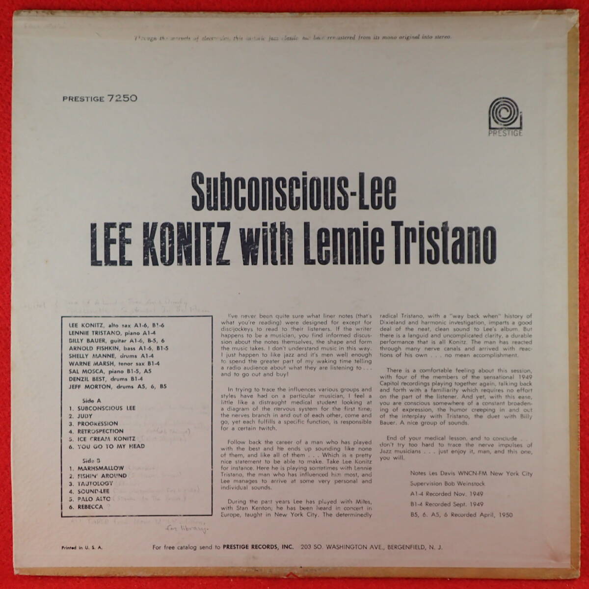 千円開始★神洗浄【超メガレア★ジャケ違い★US美盤 PRESTIGE NJ黒銀】★LEE KONITZ With Lennie Tristano /Subconscious-Lee★WARNE MARSH_画像2