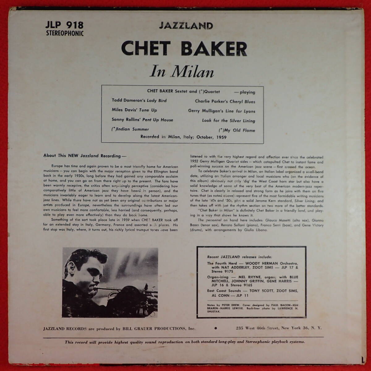 千円開始★神洗浄【超ギガレア★奇跡の美盤★USオリジナル JAZZLAND 溝】★CHET BAKER/In Milan 伊ミラノ録音 Gianno Basso,Renato Sellaniの画像2