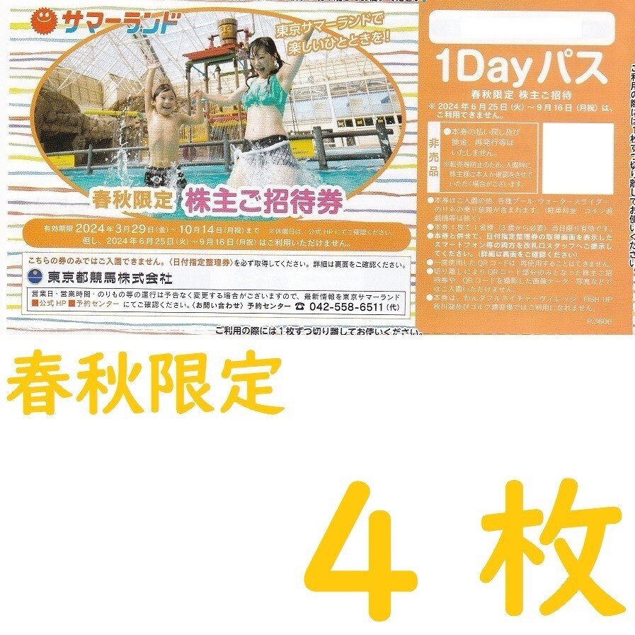 春秋限定東京サマーランド 1Dayパス パスポート4 枚の画像1