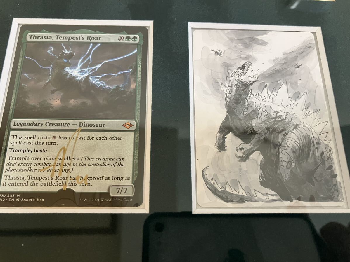 MTG 大嵐の咆哮、スラスタ/Thrasta, Tempest's Roar 直筆最終スケッチAndrew Mar氏 額装済み_画像3