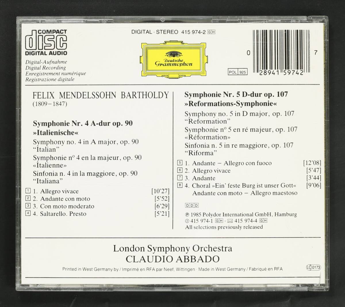 【西独盤DGG CD】アバド,LSO/メンデルスゾーン:交響曲 イタリア 宗教改革(並良品,蒸着盤,1985,Claudio Abbado)_画像2