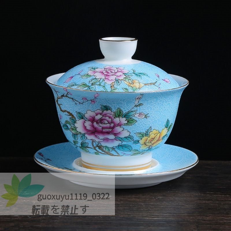 新品★強くお勧め★ 希少 中国景徳鎮古玩 五色花開富貴蓋碗老茶碗 5点セットを 収蔵_画像2