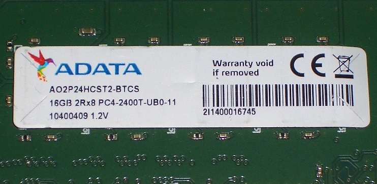 ◆大容量！ADATA製 PC4-19200（DDR4-2400）288pin 16GB 完動品 即決！★送料120円！の画像2