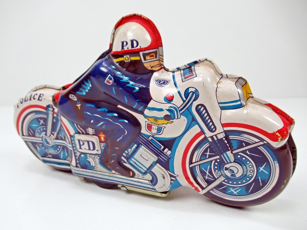◆[A146]昭和レトロ POLICE ポリスバイク NO.51 白バイ ブリキ玩具 フリクション動作確認済 日本製 ビンテージ 当時物の画像2
