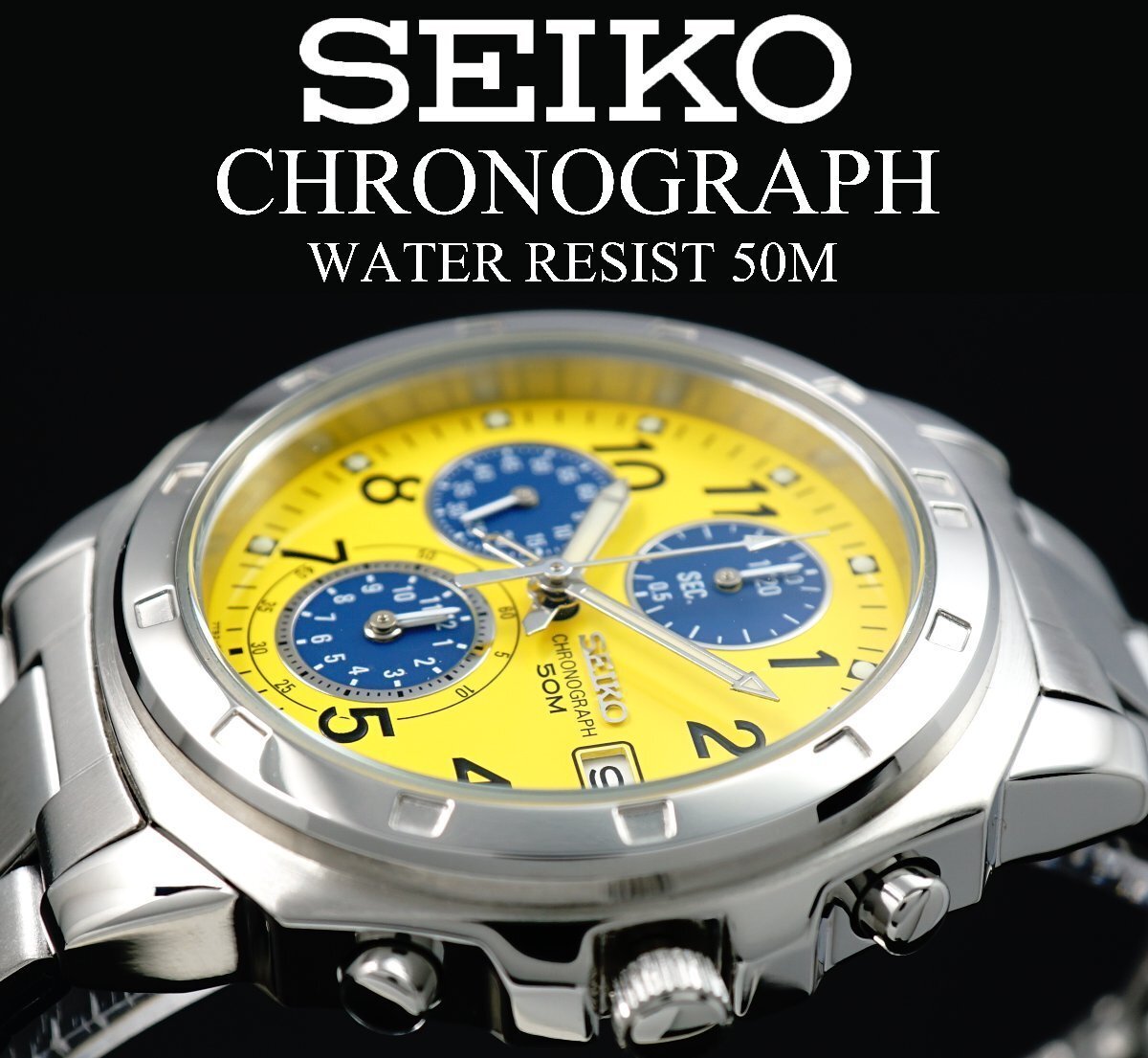 1円～ 1スタ セイコー 正規品 海外モデル SEIKO イエロー ブルー 逆輸入 100m防水 クロノグラフ 新品 腕時計 50ｍ防水メンズ激レア入手困難の画像10