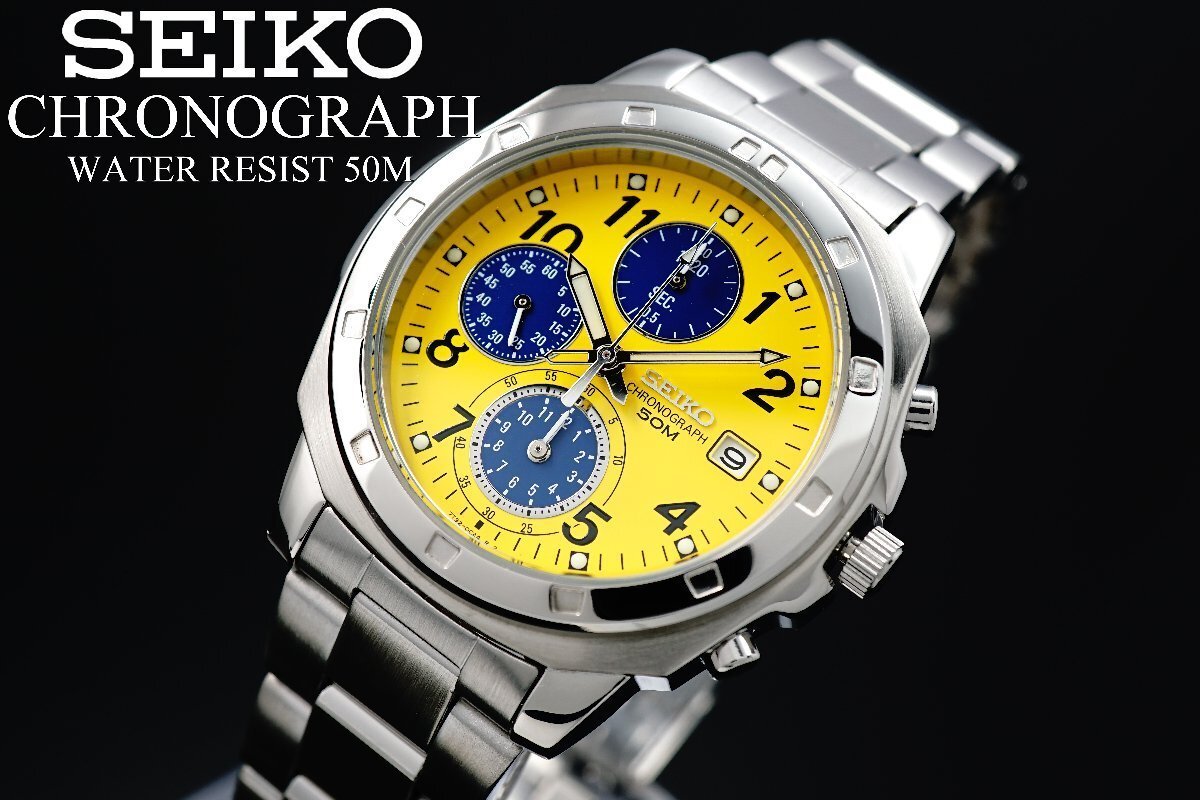 1円～ 1スタ セイコー 正規品 海外モデル SEIKO イエロー ブルー 逆輸入 100m防水 クロノグラフ 新品 腕時計 50ｍ防水メンズ激レア入手困難の画像9