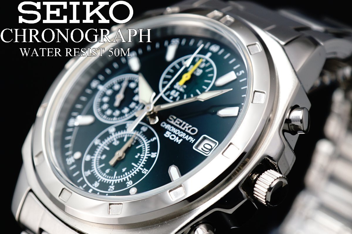 1円～ 1スタ セイコー 正規品海外モデル SEIKO 逆輸入 ダークグリーン 新品 1/20秒 高速クロノグラフ 腕時計 メンズ激レア入手困難 50m防水の画像2