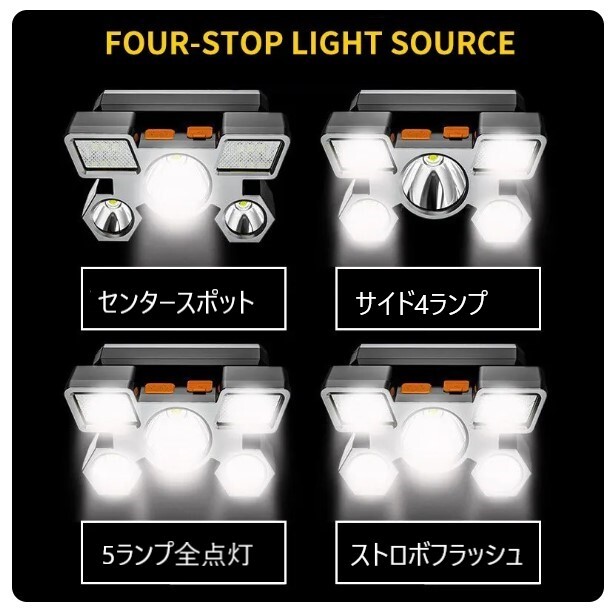 LEDヘッドライト USB充電 5ランプ 防水 高輝度角度調整 XPEスポット4灯5灯切替 懐中電灯 アウトドア レジャー ナイトキャンプ ハンティングの画像3