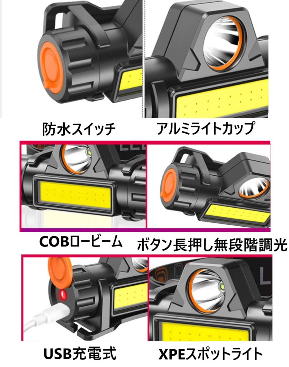 LED ヘッドライト USB充電 高輝度 ランプ 防災 防水 アウトドア レジャー キャンプ 登山 釣り 小型 軽量 ワークライト 作業灯 懐中電灯 2個の画像3