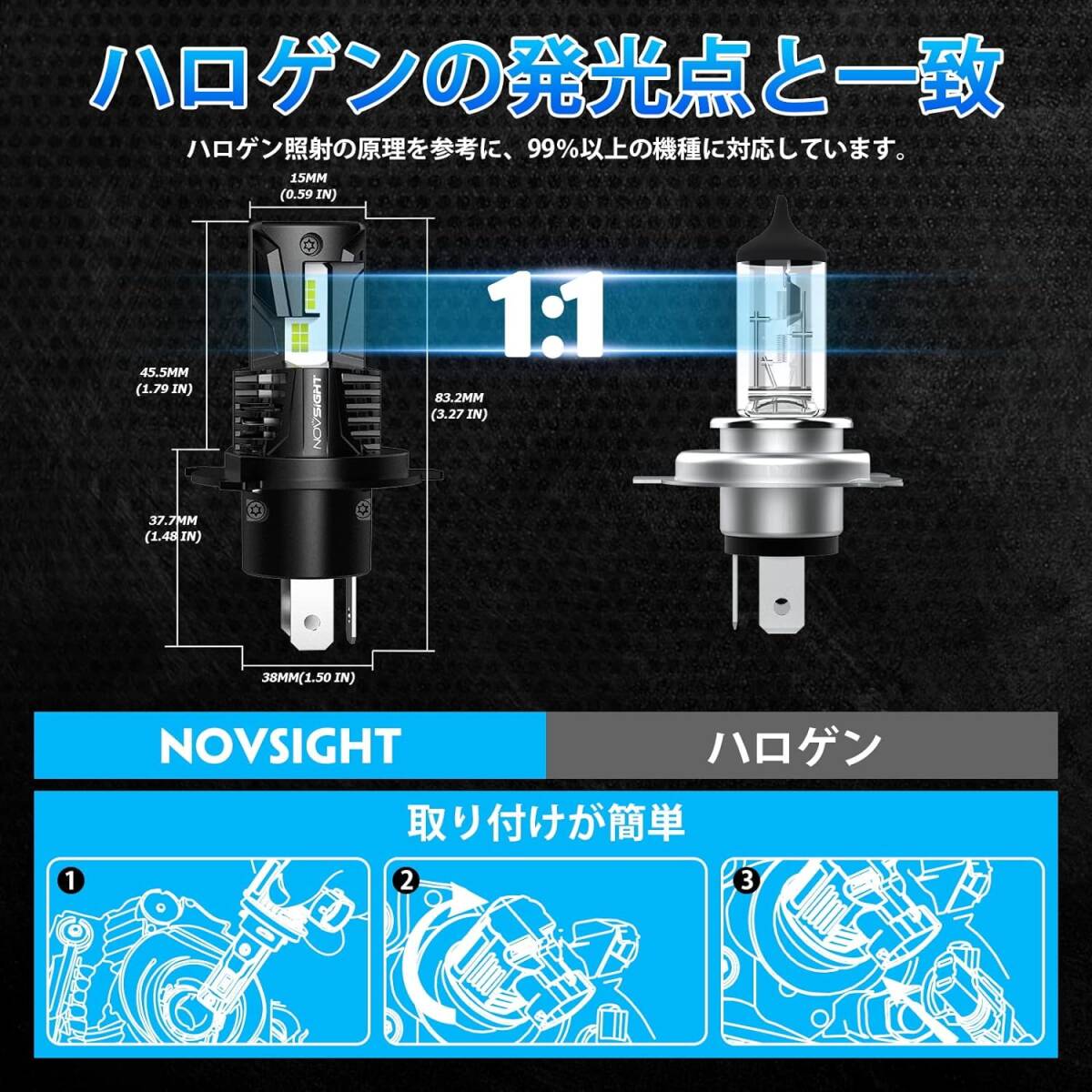 NOVSIGHT 正規品 業界最新型初モデル H4 Hi/Lo 80W 15000LM 無極性 H4 Hi/Lo LEDヘッドライの画像3