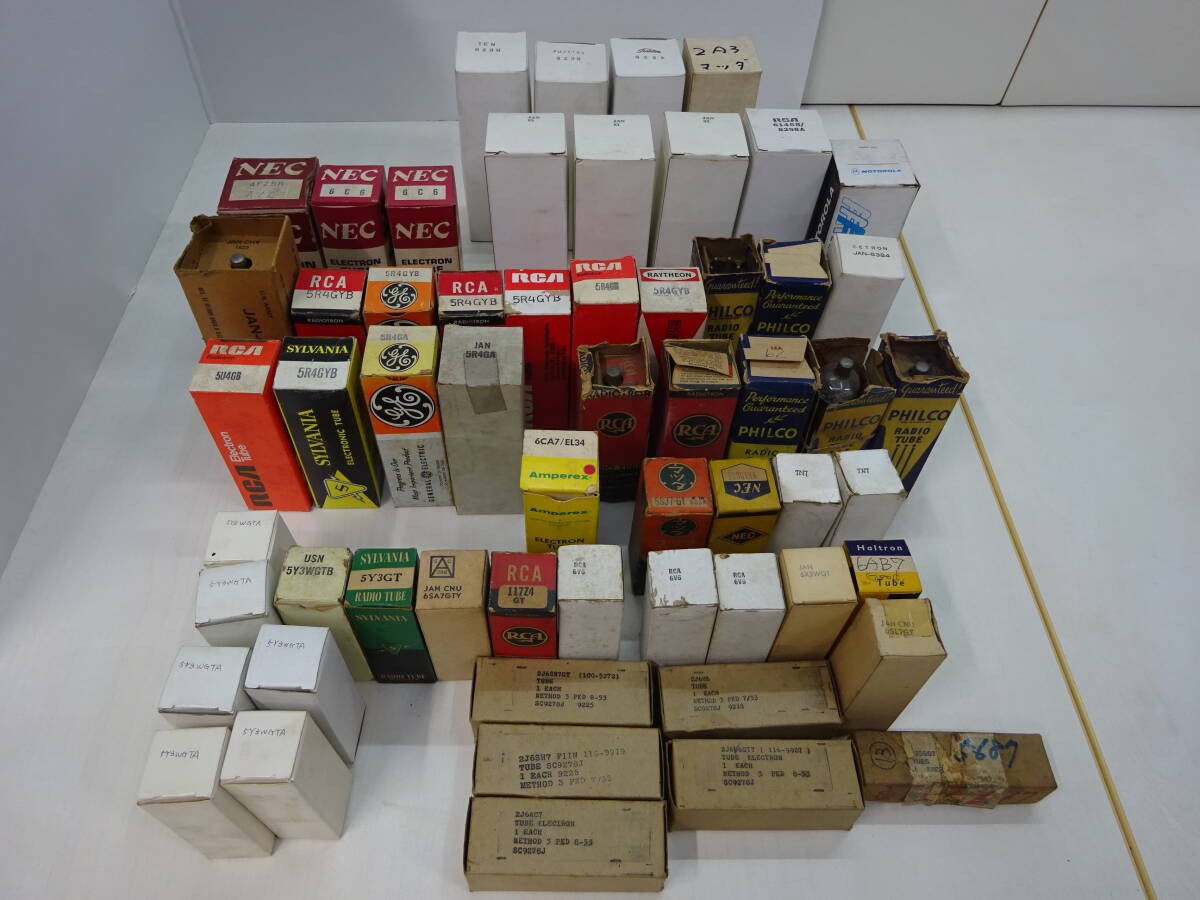 17502■NEC、マツダ、PHILCO、RCA、SYLVANIA、GE、東芝、富士通テン、US.ARMY等 真空管 大量58本まとめて(型番記載) 未使用保管品 ■