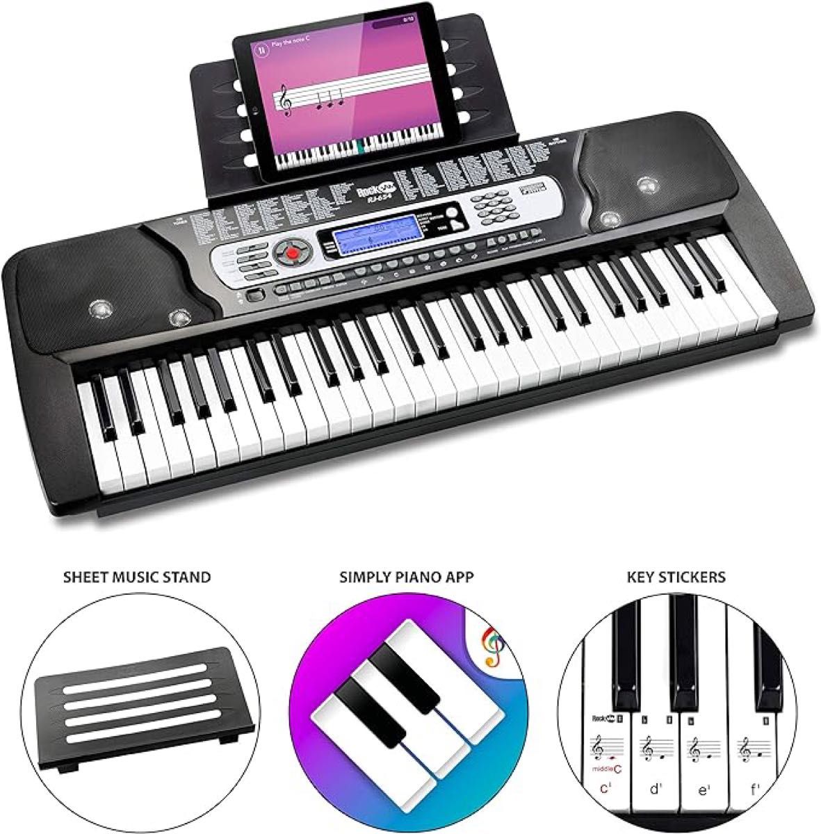 RockJam 54鍵 電子キーボード RJ654-MC オンラインアプリ付属　本格的なピアノ鍵盤のタッチを再現　100の音色効果