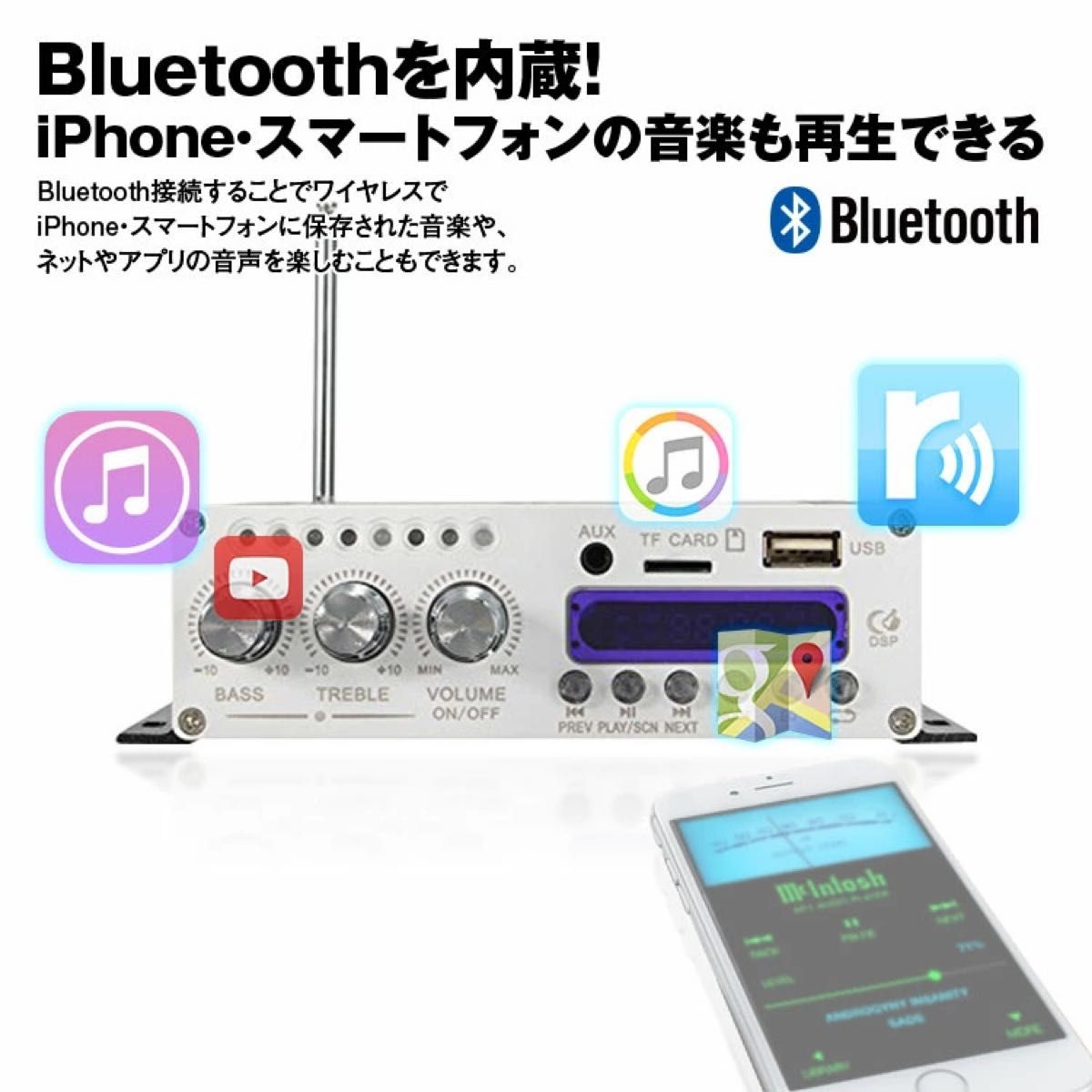 Bluetooth ハイファイステレオミニアンプ、高音質　高音、低音、およびボリュームコントロール付き　軽量で持ち運びが簡単