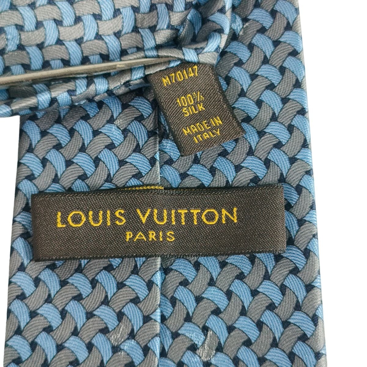 美品 LOUIS VUITTON ルイヴィトン シルク100％ コンステレーションロープ レギュラータイ ネクタイ M701047 グレー×ブルー_画像6