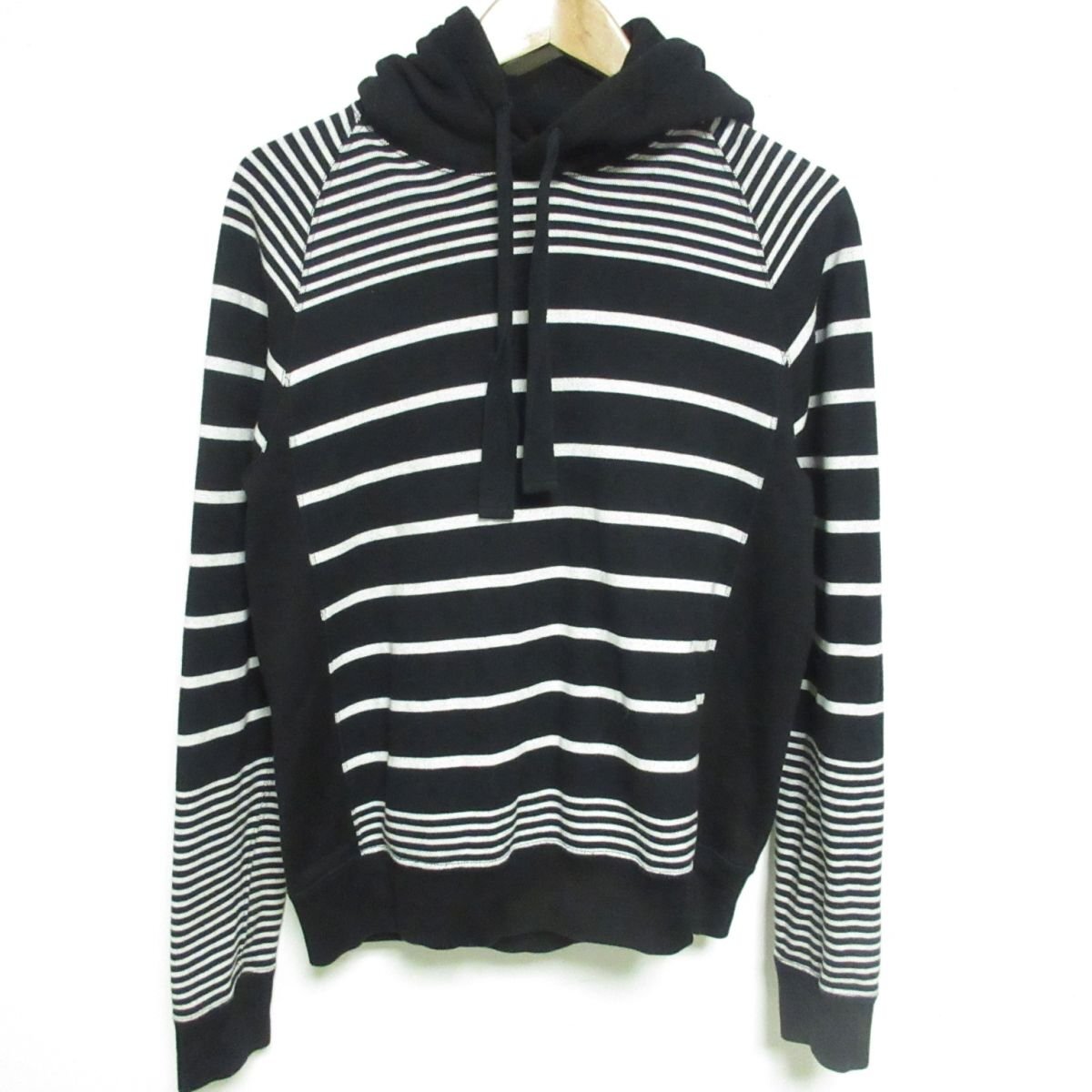 美品 TAKAHIROMIYASHITA TheSoloist. タカヒロミヤシタ jimmy stripe pullover hoodie プルオーバーパーカー 46 ブラック×ホワイト ◆_画像1