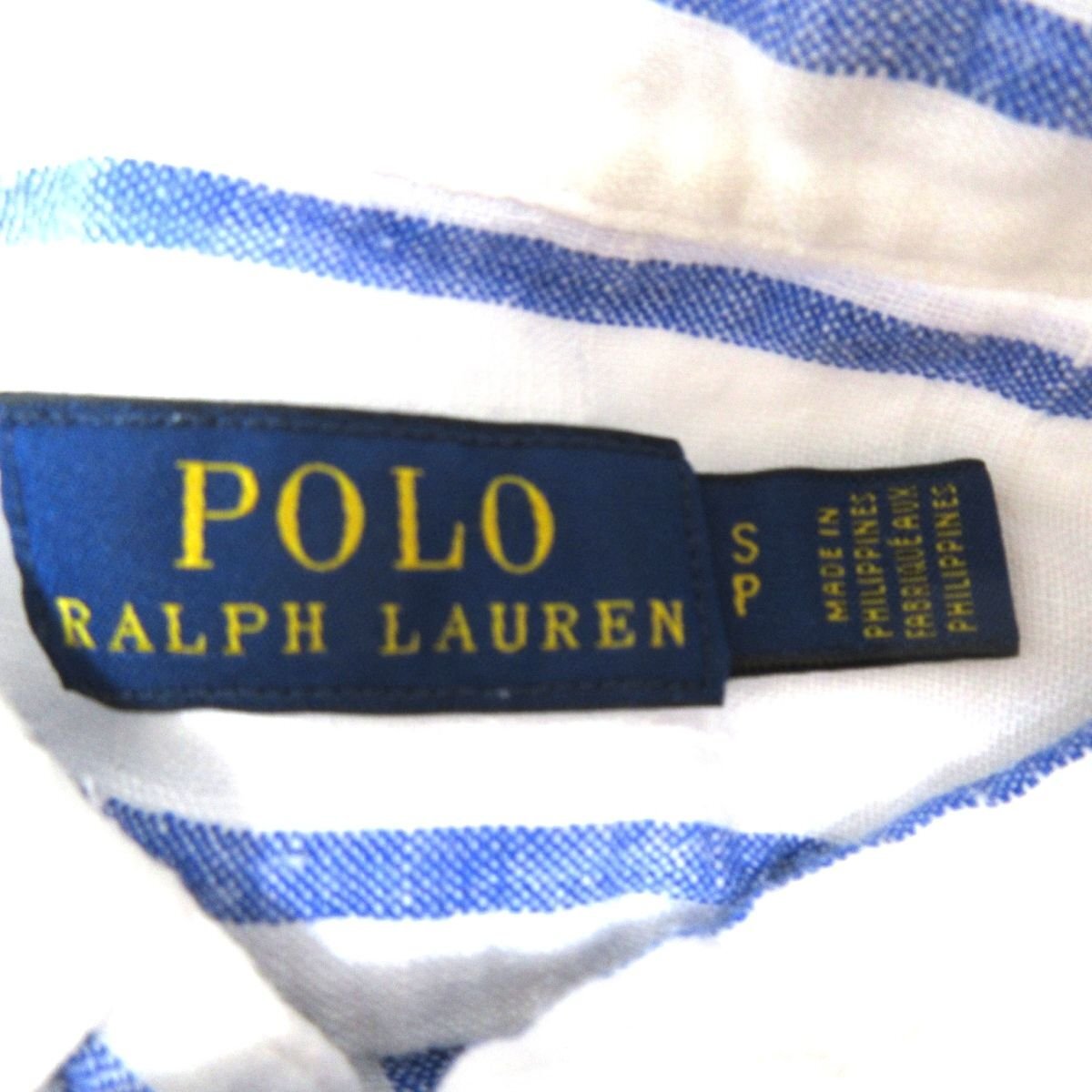 美品 19SS POLO RALPH LAUREN ポロラルフローレン ストライプ柄 リネン100％ 長袖 アシンメトリーヘム シャツ S ホワイト×ブルーの画像3